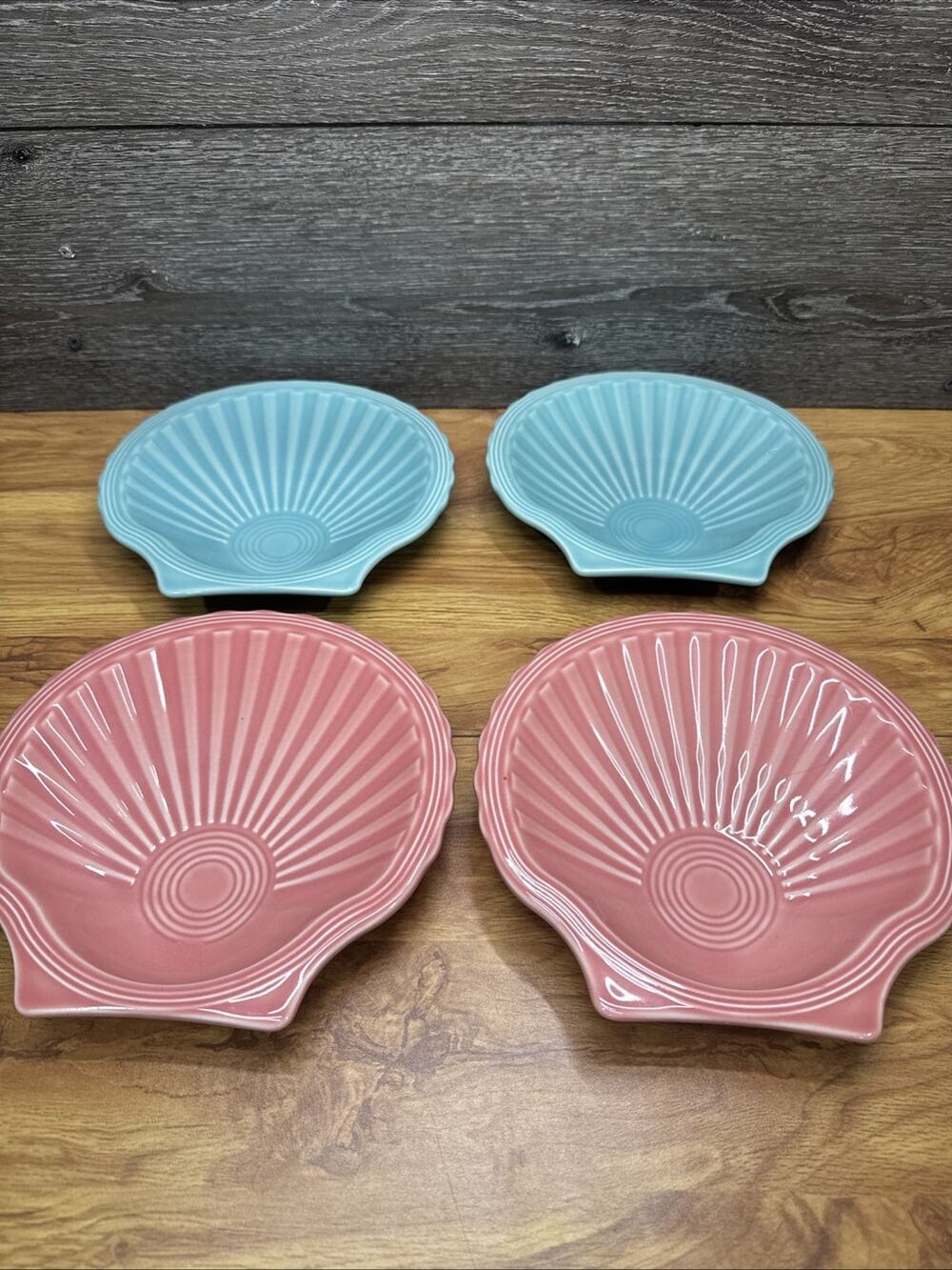 FIESTA SHELL PLATE Turquoise & Pink serving snack beach nautical 8"~Set Of 4